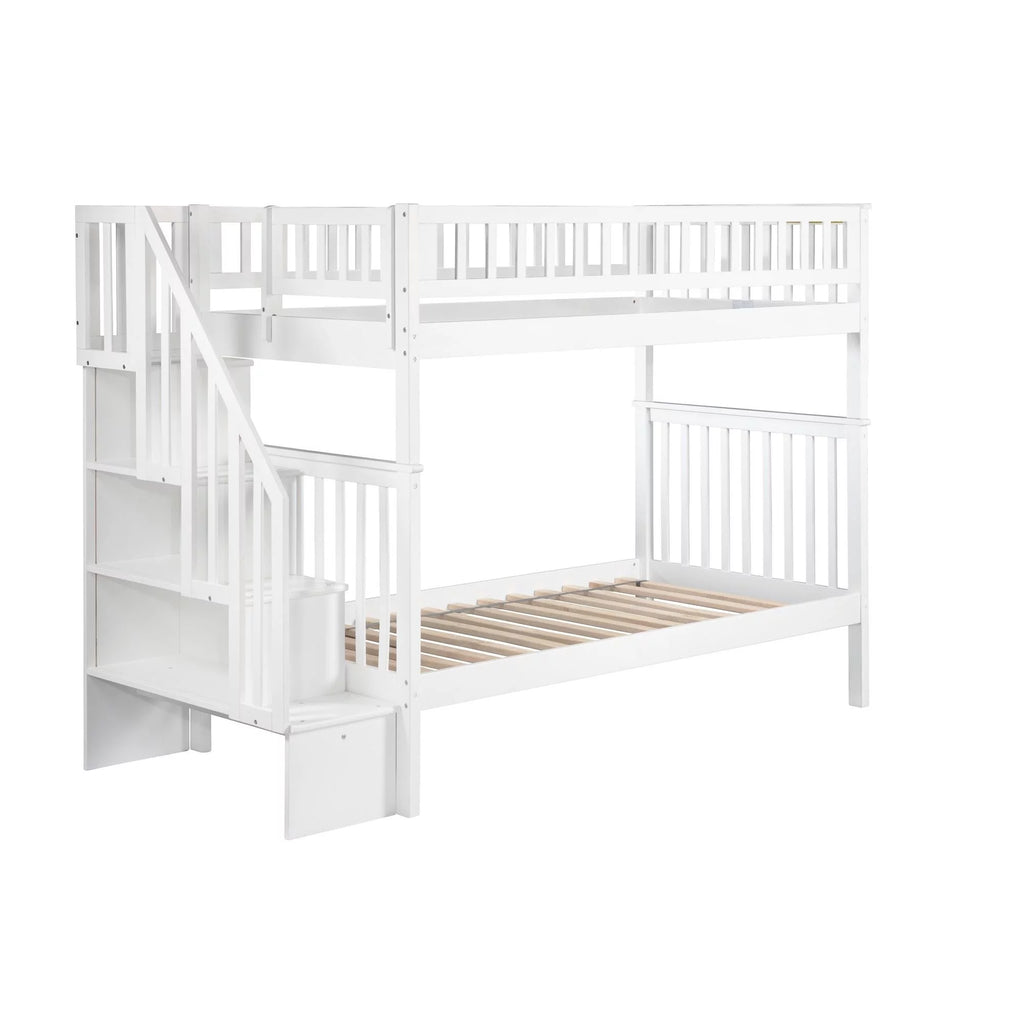 Twin Over Twin Solid Wood Staircase Bunk Bed in White Q745