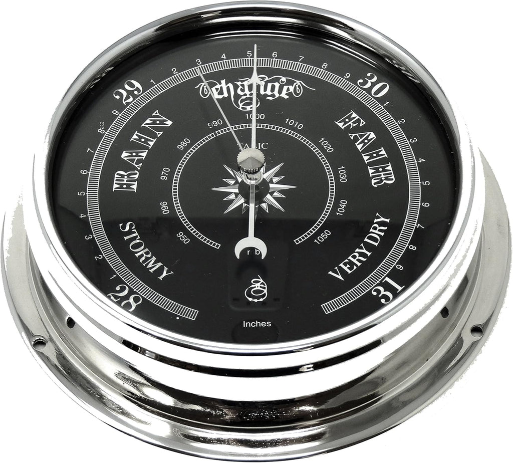 Chrome Barometer with Jet Black Dial, Heavy Brass Case P29983