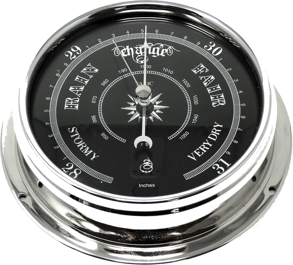 Chrome Barometer with Jet Black Dial, Heavy Brass Case P29983