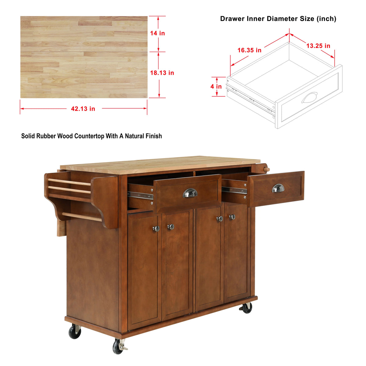 Rolling Kitchen Island Cart with Drop Leaf, 2 Drawers, Spice Rack W241