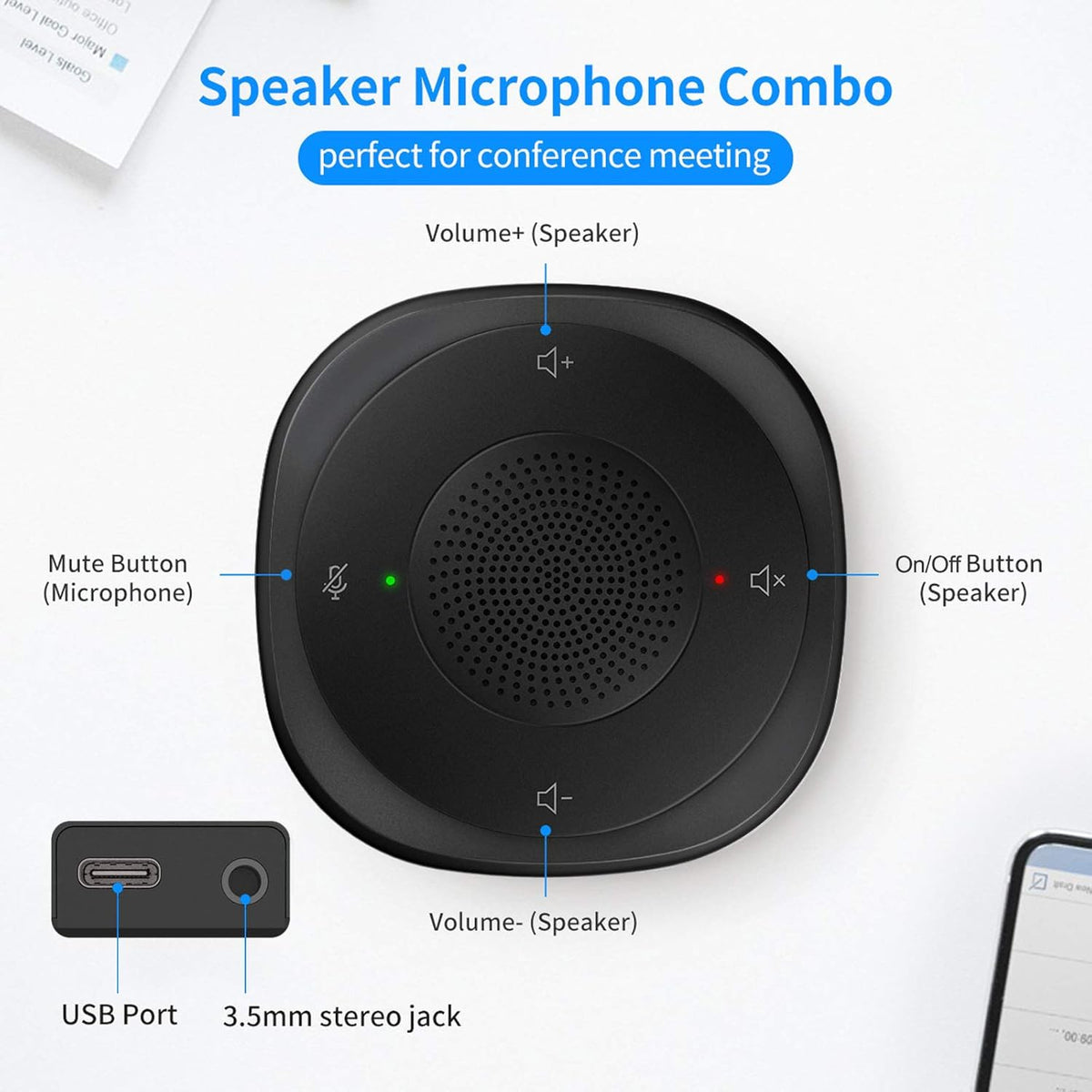 USB Speakerphone Microphone, Conference Speaker Omnidirectional Computer Mic with 360º Voice Pickup C36359