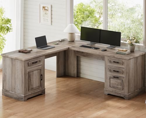 White L Shaped Desk with File Drawer and Power Outlet V234