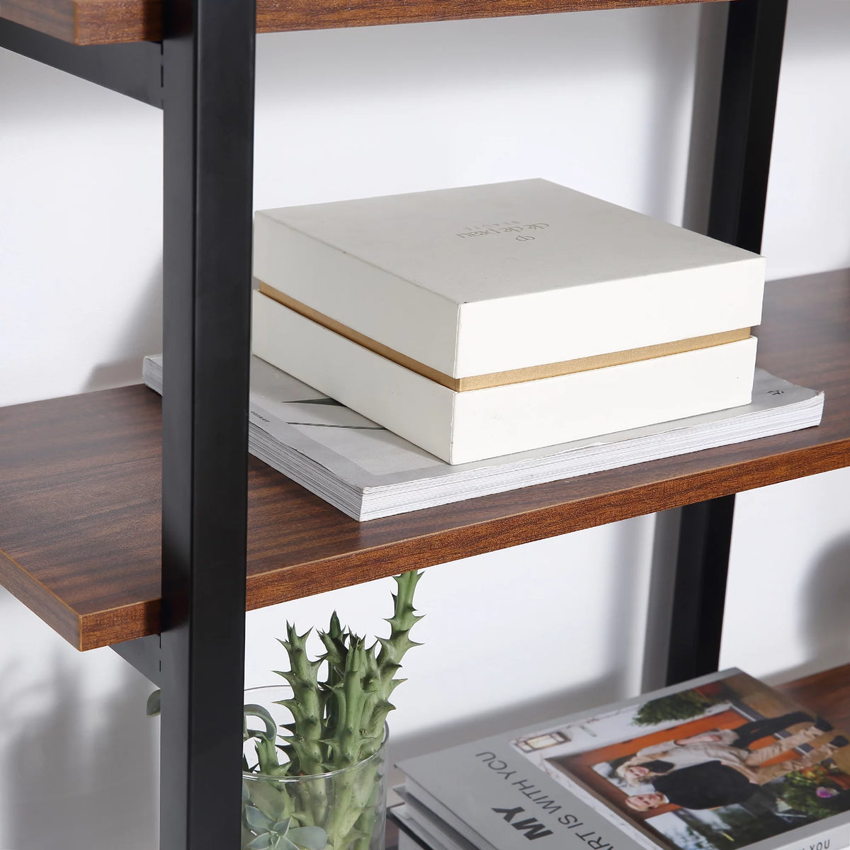 Black Walnut L-Shaped Computer Desk with Display Shelves O9547