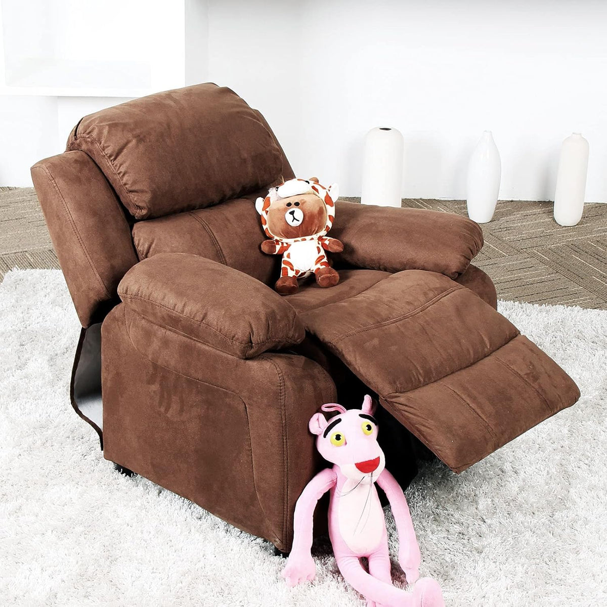 Light Brown Padded Leather Recliner with Storage Arms C54112