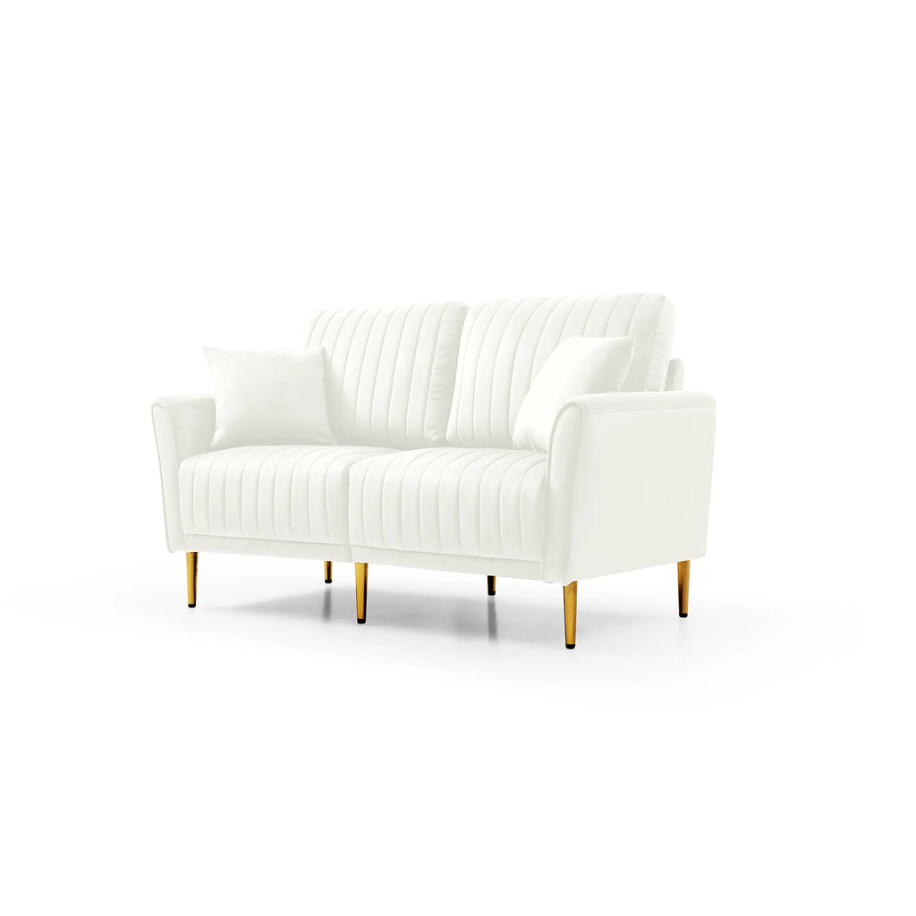 Cream Velvet Channel Tufted Loveseat with 2 Pillow and Gold Legs L471010