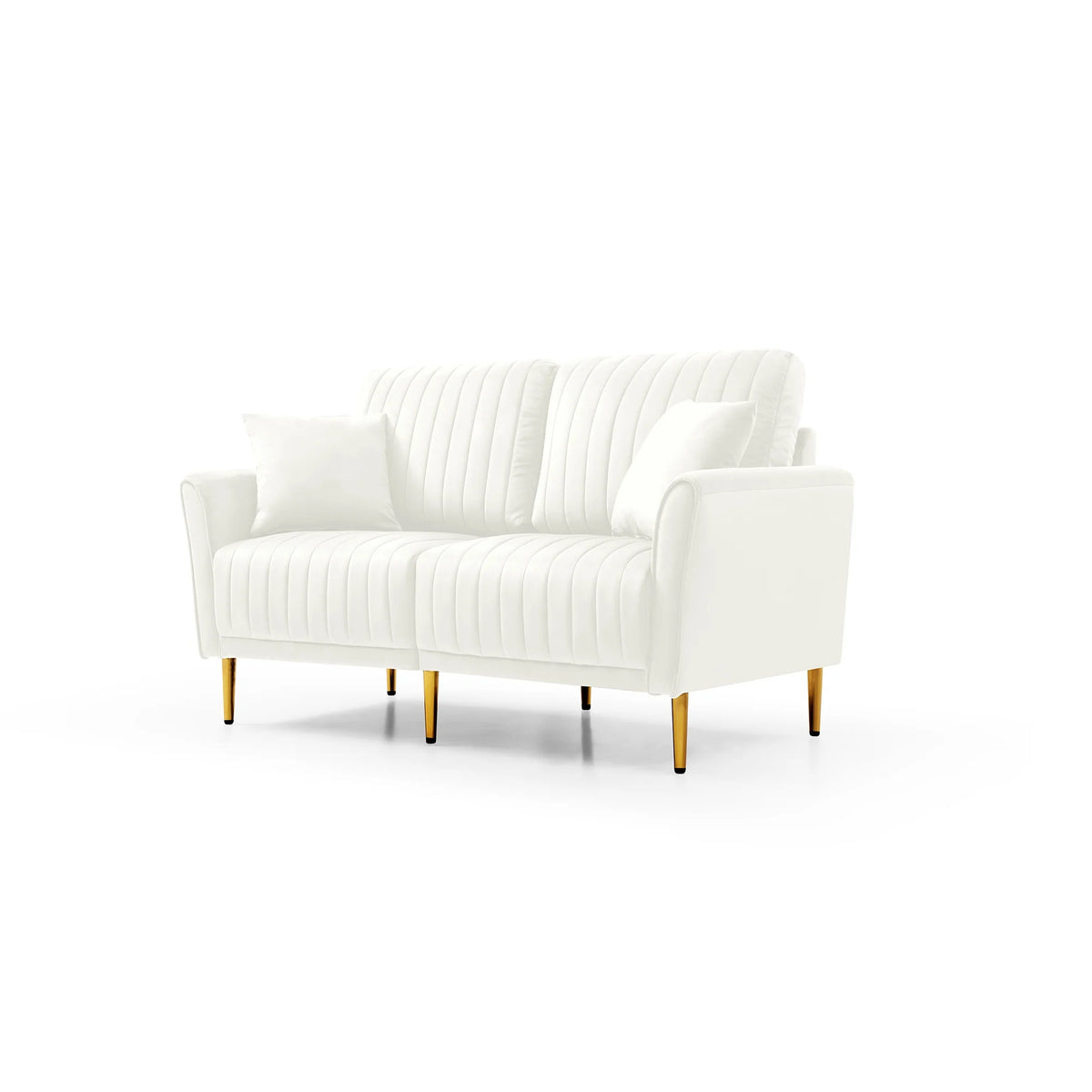 Cream Velvet Channel Tufted Loveseat with 2 Pillow and Gold Legs L471010