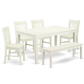 6 Piece White Wood Dining Table Set with Bench H619