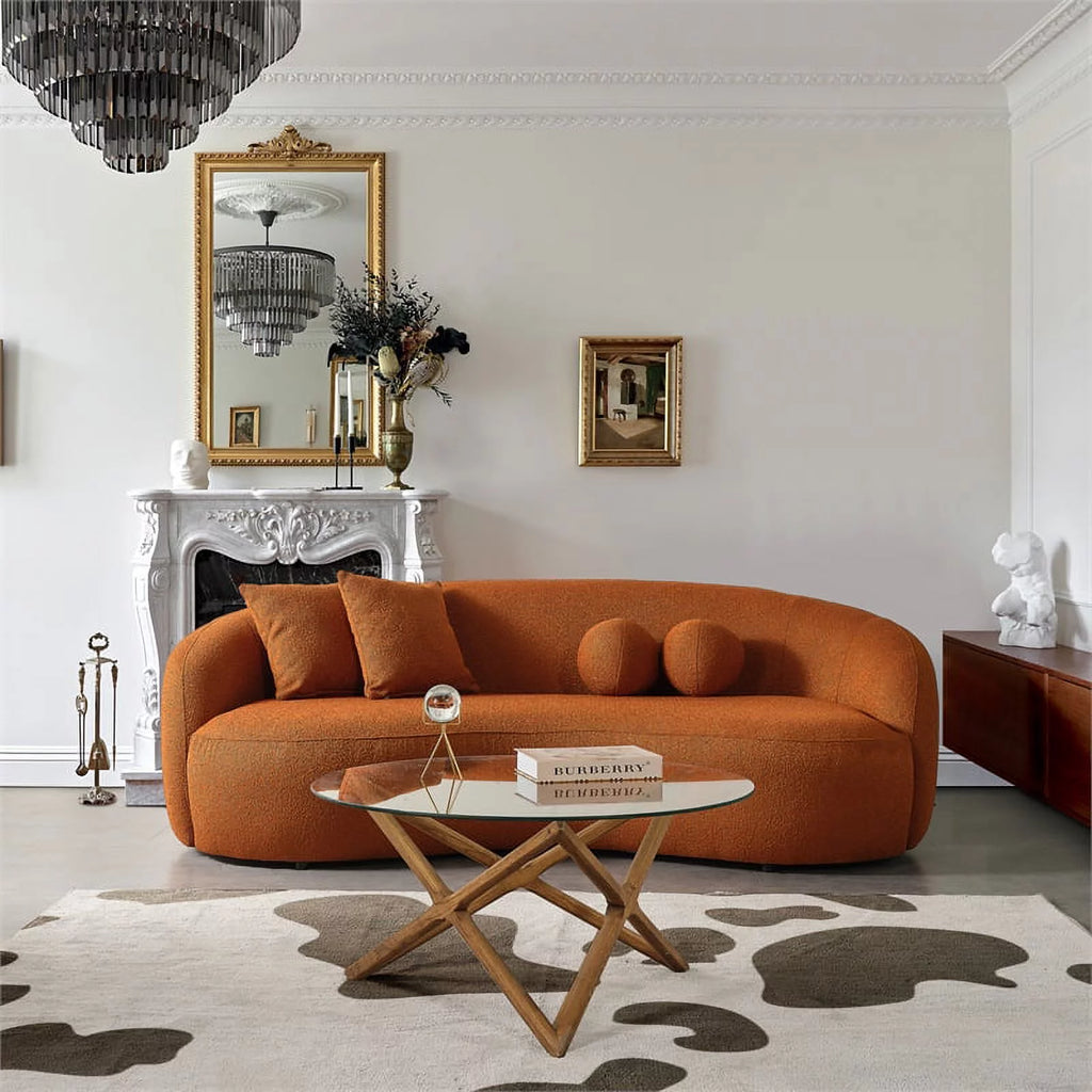 Orange Boucle Fabric Curvy Couch E283