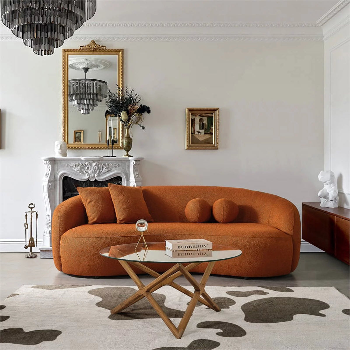 Orange Boucle Fabric Curvy Couch E283