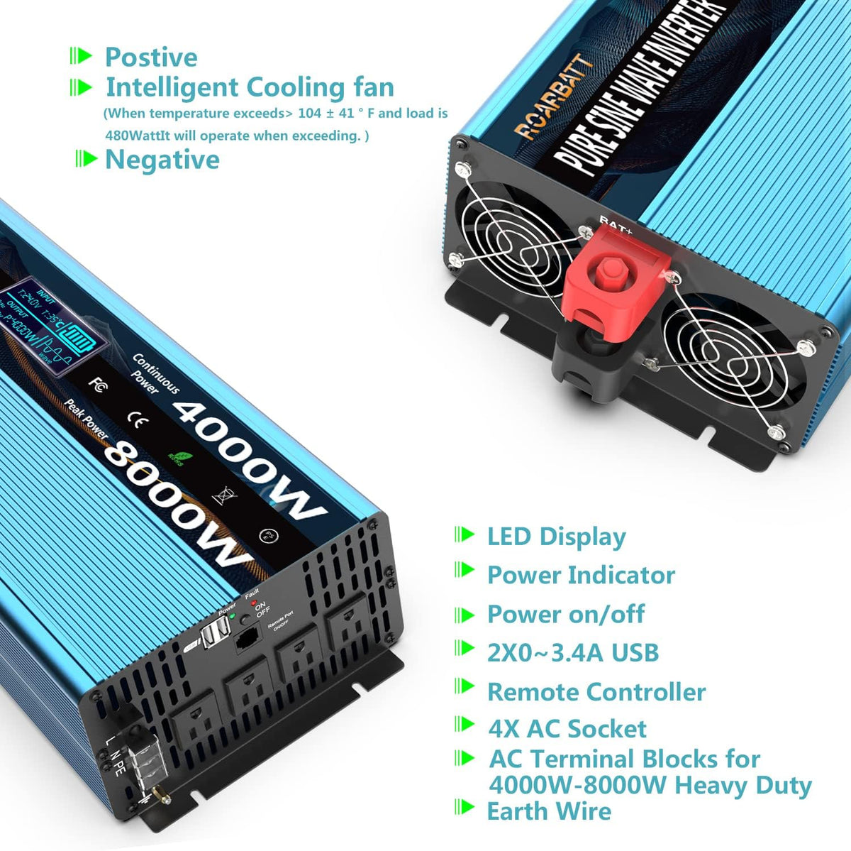 4000W Pure Sine Wave Power Inverter 12V to 110V with Remote Control P92860