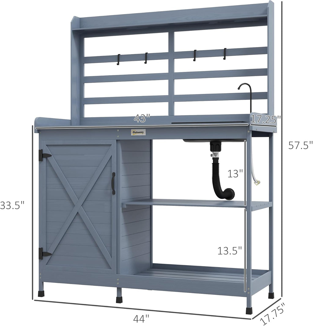 Gray Wooden Potting Bench with Storage Cabinet and Sink N53749