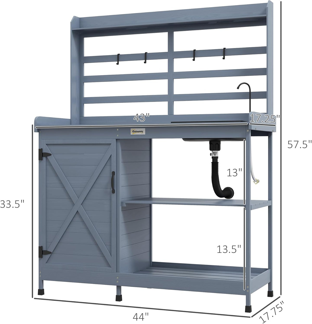 Gray Wooden Potting Bench with Storage Cabinet and Sink N53749