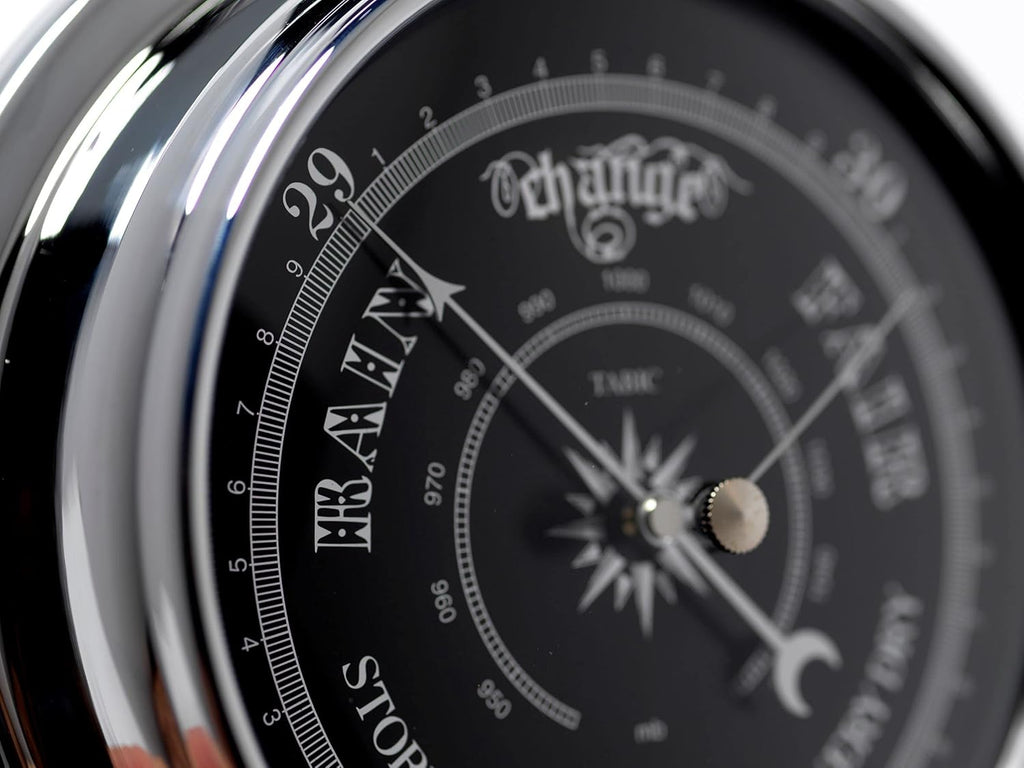 Chrome Barometer with Jet Black Dial, Heavy Brass Case P29983