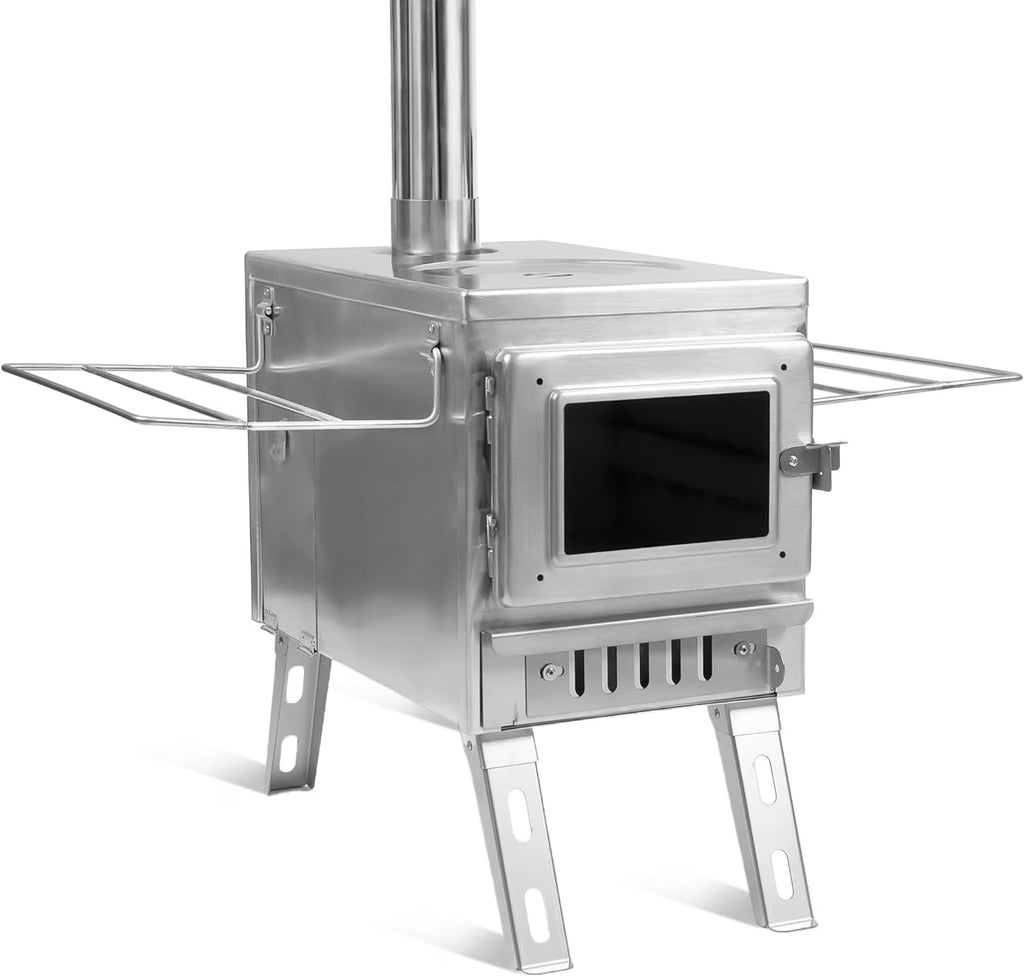 Camping Tent Stove with Large Firebox, View Glass, Pipes and Slide Air Intake Valve E981315