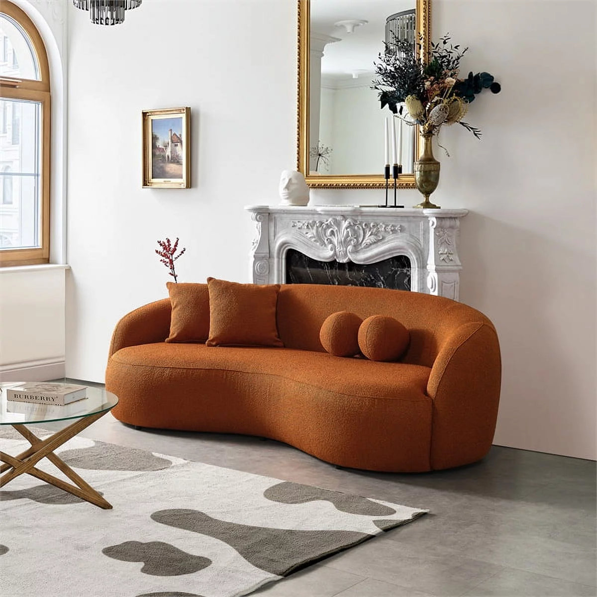 Orange Boucle Fabric Curvy Couch E283
