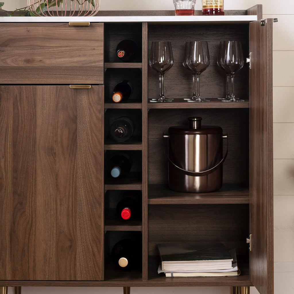 Natural Walnut Buffet with Faux Carrara Marble R387794