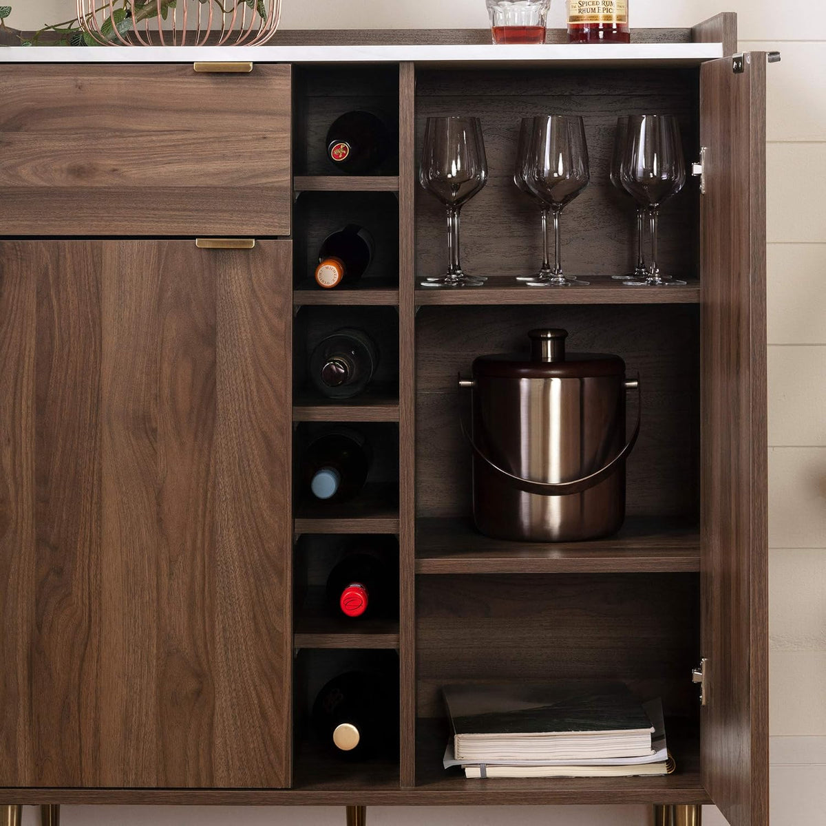Natural Walnut Buffet with Faux Carrara Marble R387794