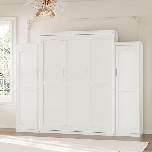 White Queen Size Foldable Platform Bed with 2 Wardrobe and Storage Shelf I823