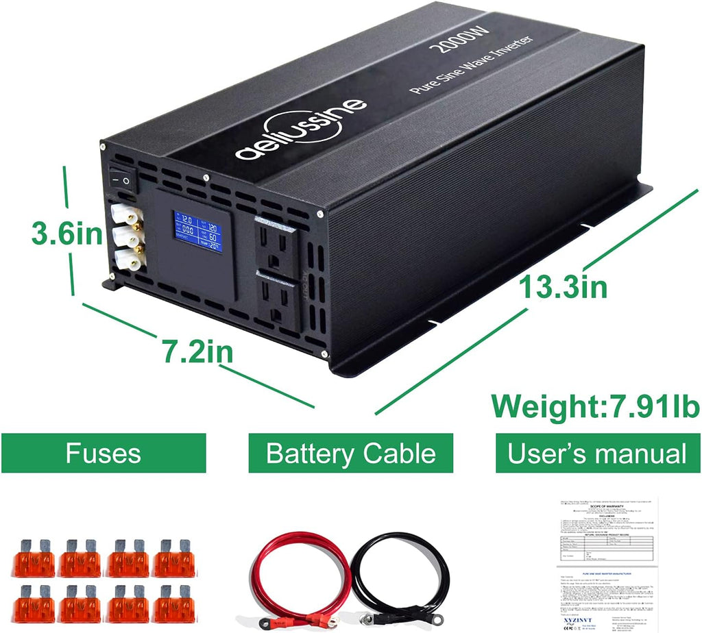 2000W Pure Sine Wave Power Inverter 48V DC to AC 110V 120V with Hardwire Terminal LCD Display Q71466