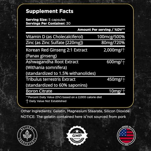 150 Capsules Tribulus Terrestris Ginseng Vitamin D3 Ashwagandha Supplement X509
