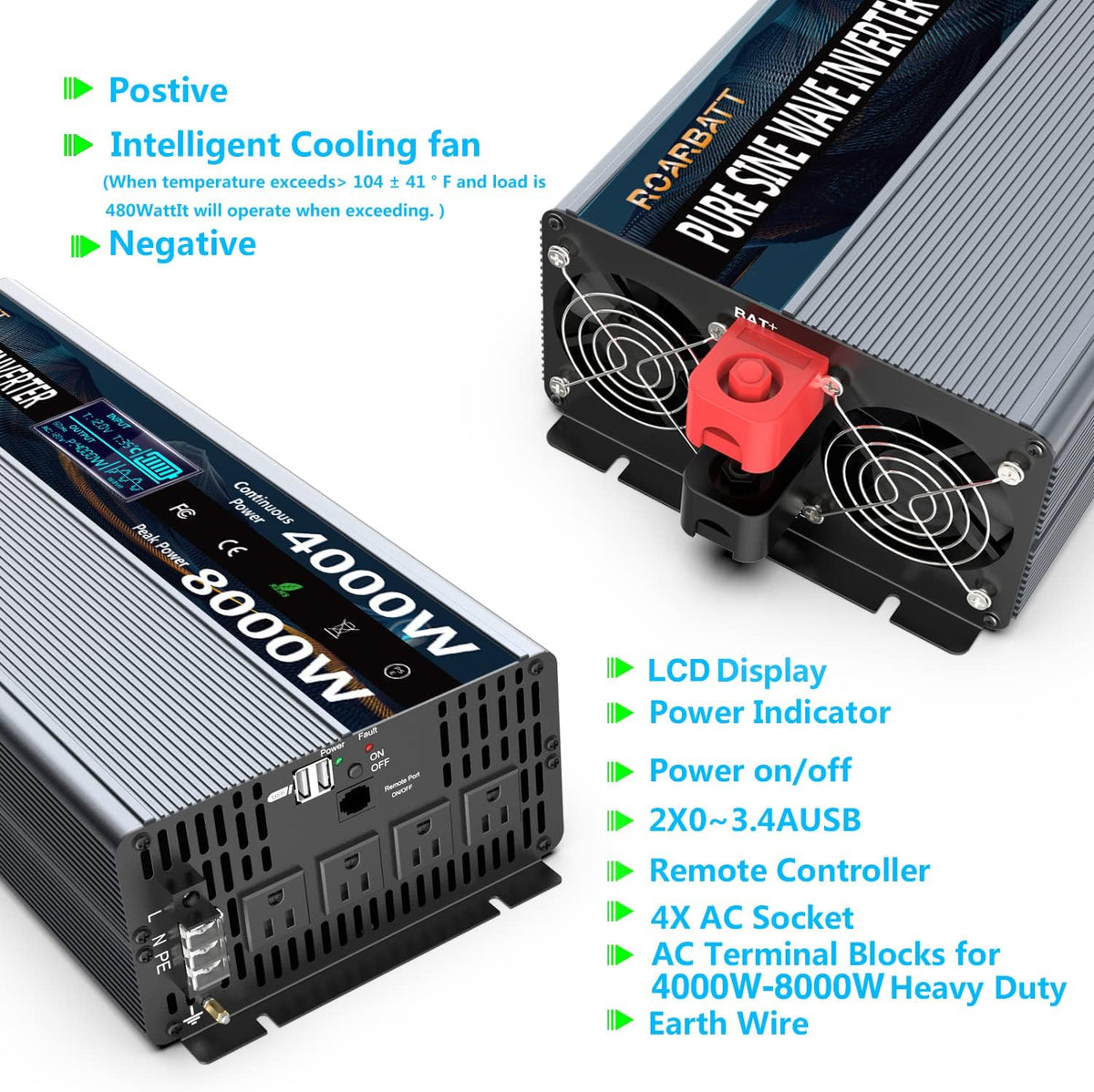 4000W Pure Sine Wave Power Inverter 12V to 110V with Remote Control P92860