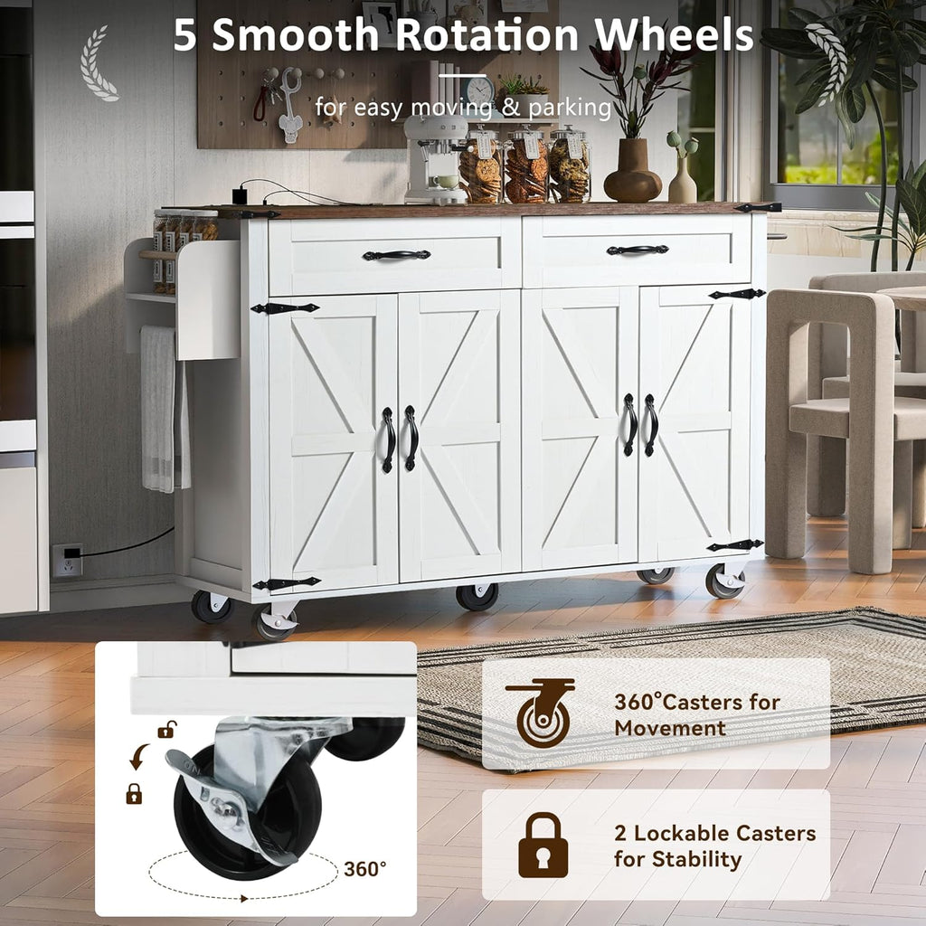 White Kitchen Island with Power Outlet, Drop Leaf and Spice Rack A891