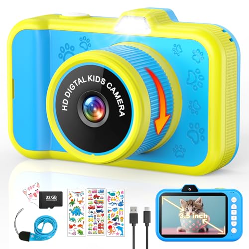 Kids Digital Camera with Rotating Zoom Lens, 3.5” Screen, 1080P, 32GB Card C19498