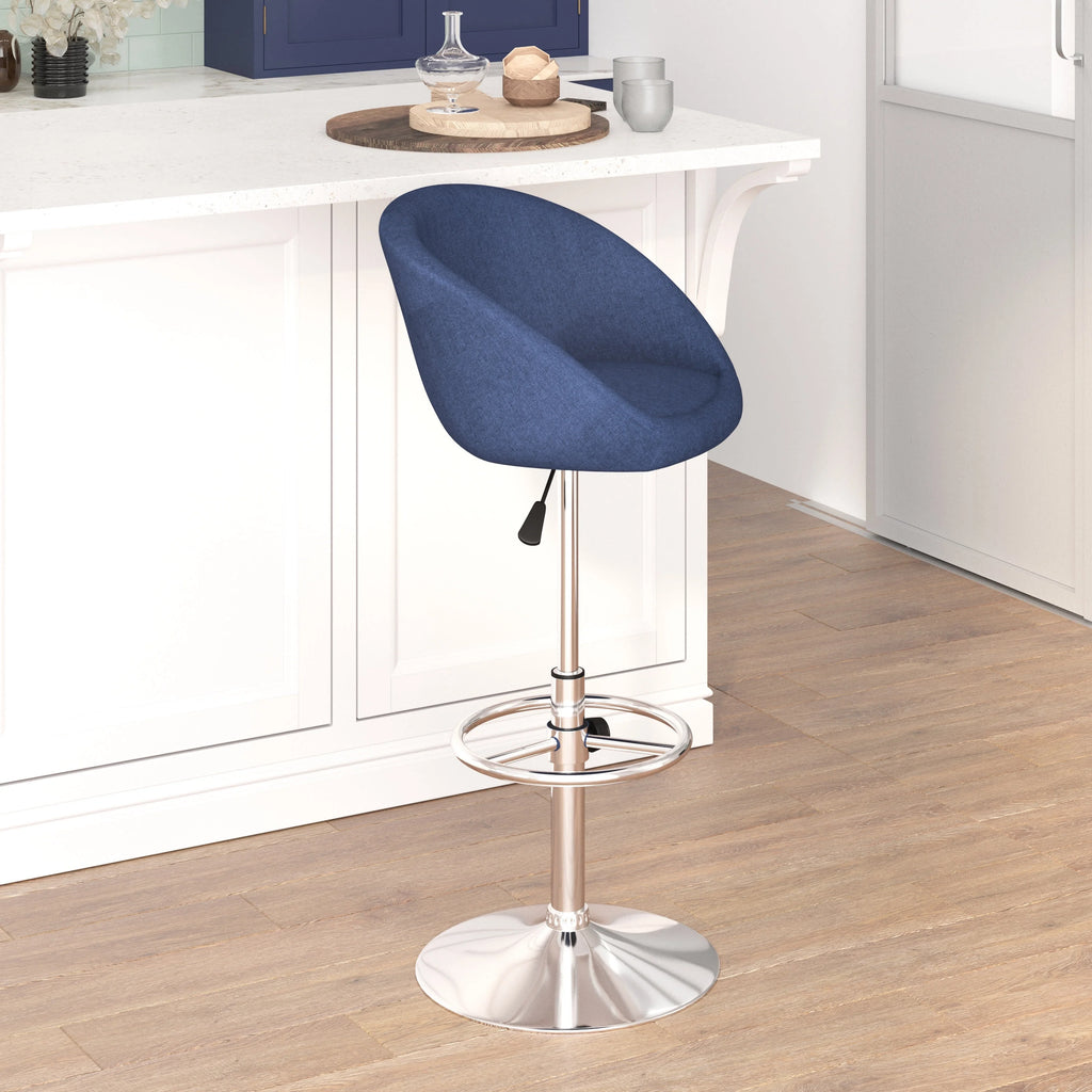 Blue Fabric Adjustable Height Barstool with Barrel Back and Chrome Base J446333