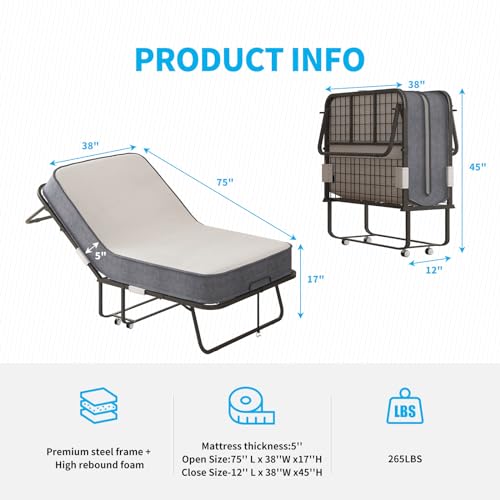 Folding Bed with 5 Inch Memory Foam Mattress, Single Rollaway Bed with Lockable Wheels K780
