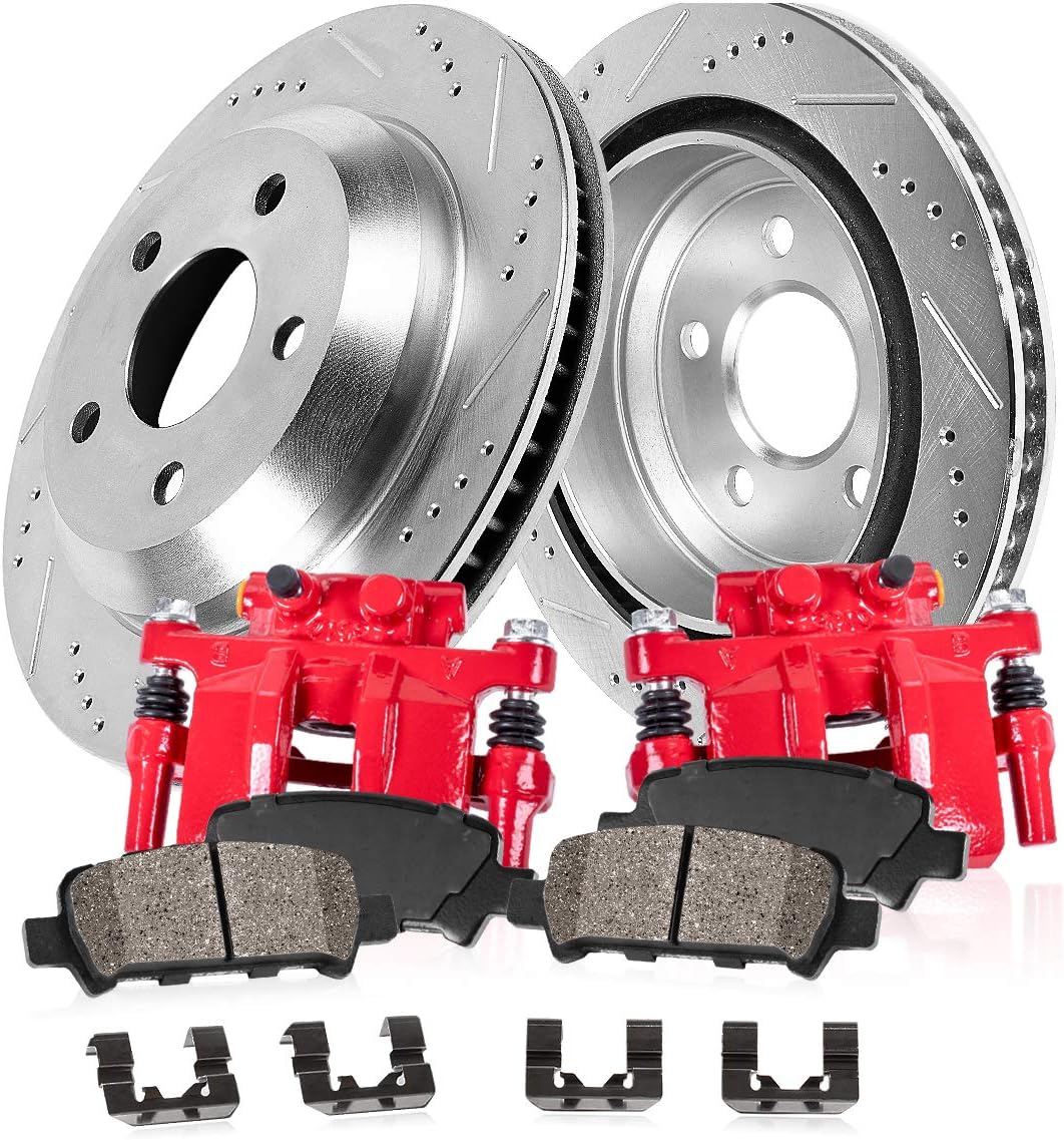 Rear Powder Coated Red Calipers 5 Lug Rotors Ceramic Pads Kit P6826