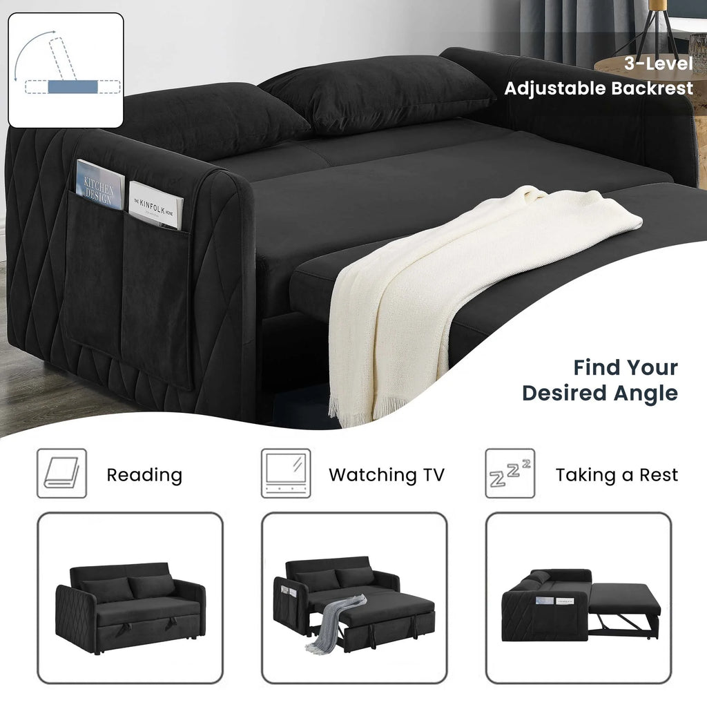 Black Pull Out Loveseat Sofa Bed with 2 Detachable Arm Pockets V13103