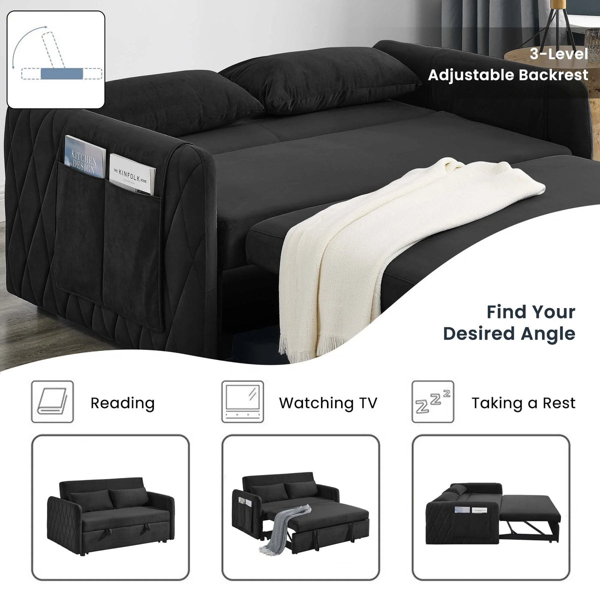 Black Pull Out Loveseat Sofa Bed with 2 Detachable Arm Pockets V13103