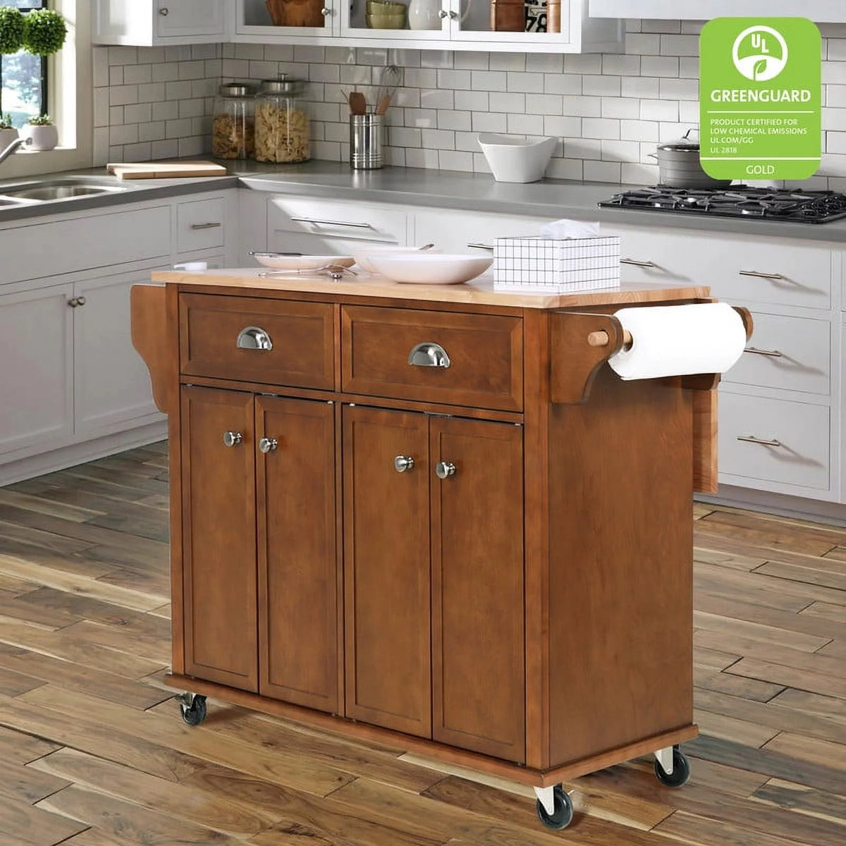 Rolling Kitchen Island Cart with Drop Leaf, 2 Drawers, Spice Rack W241