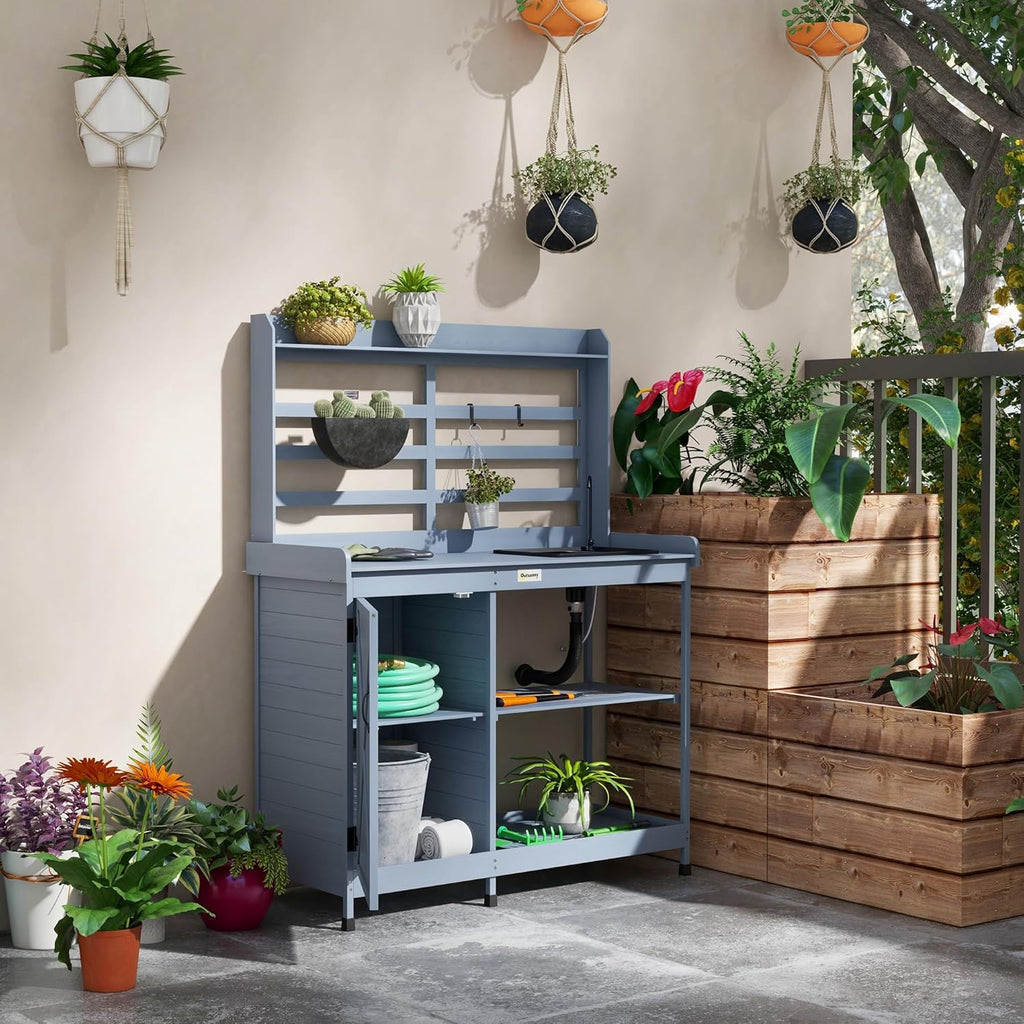 Gray Wooden Potting Bench with Storage Cabinet and Sink N53749