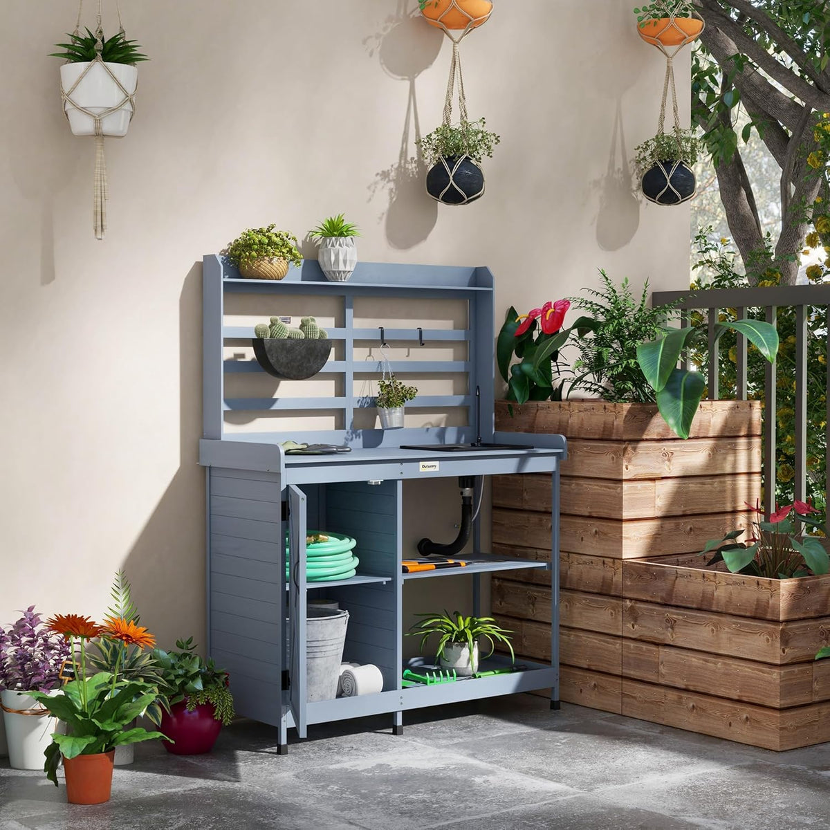 Gray Wooden Potting Bench with Storage Cabinet and Sink N53749