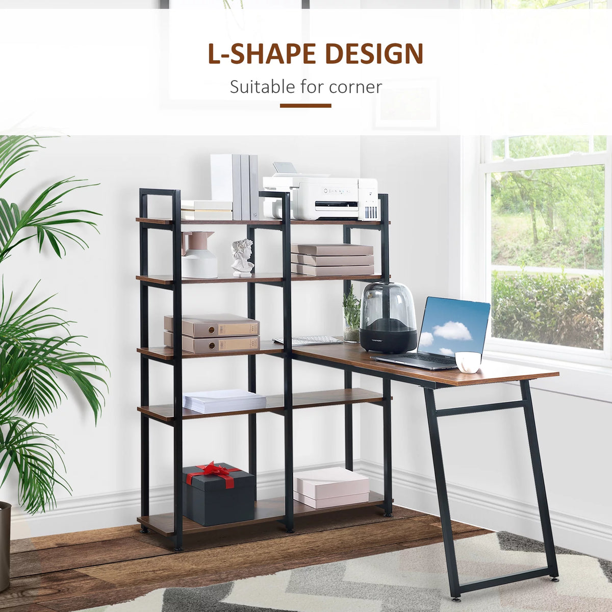 Black Walnut L-Shaped Computer Desk with Display Shelves O9547