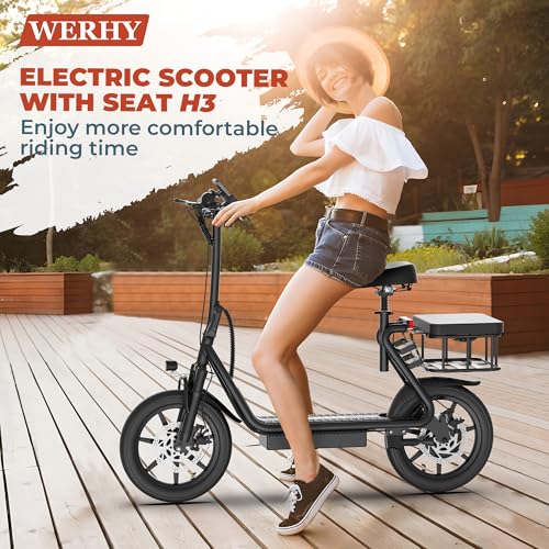 Electric Scooter with Seat, 500W Motor, 14'' Tires, Foldable E-Scooter with Suspension O8023