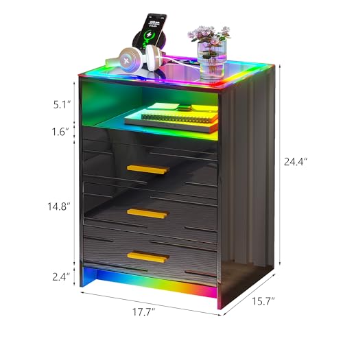 RGB LED Nightstand with 3 Drawers and Sliding Tray R59375