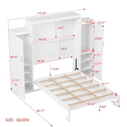 White Queen Size Foldable Platform Bed with 2 Wardrobe and Storage Shelf I823