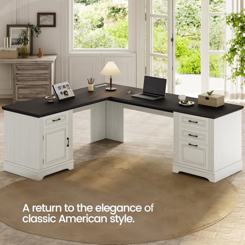 White L Shaped Desk with File Drawer and Power Outlet V234