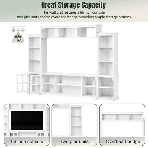 White 104" Wide Entertainment Wall Unit with Storage Cabinets and Shelves T954