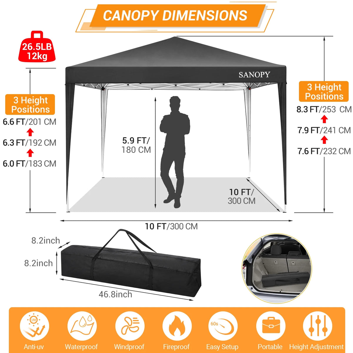 10'x10' Pop Up Canopy Tent with Carrying Bag, Black J6882