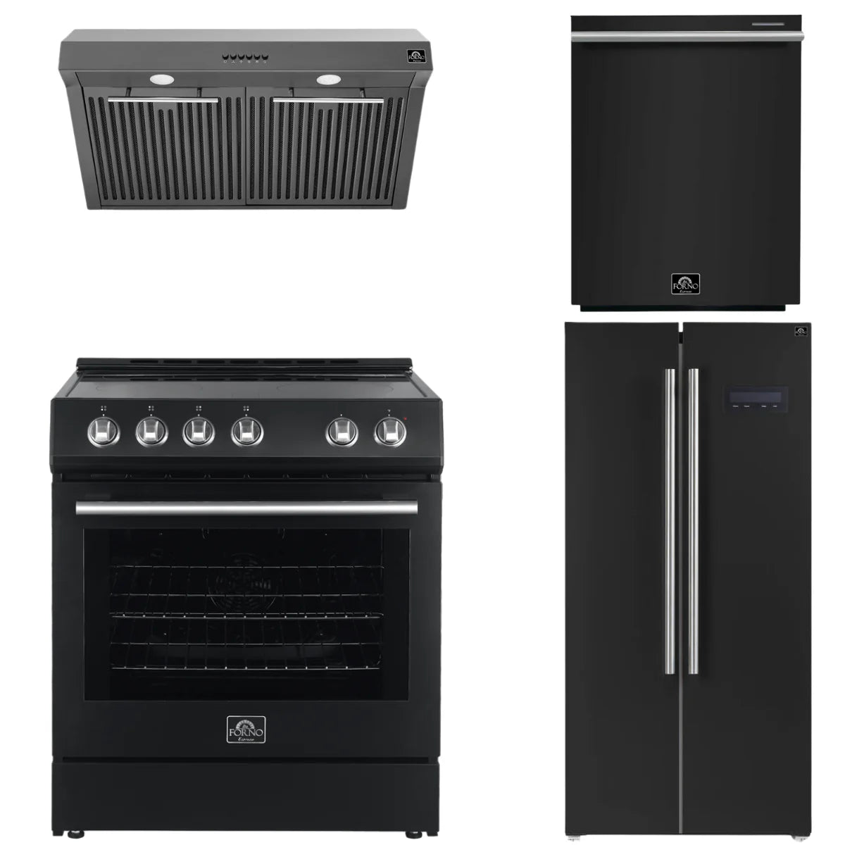 30 Electric Range, Range Hood, Refrigerator and Dishwasher in Black R393