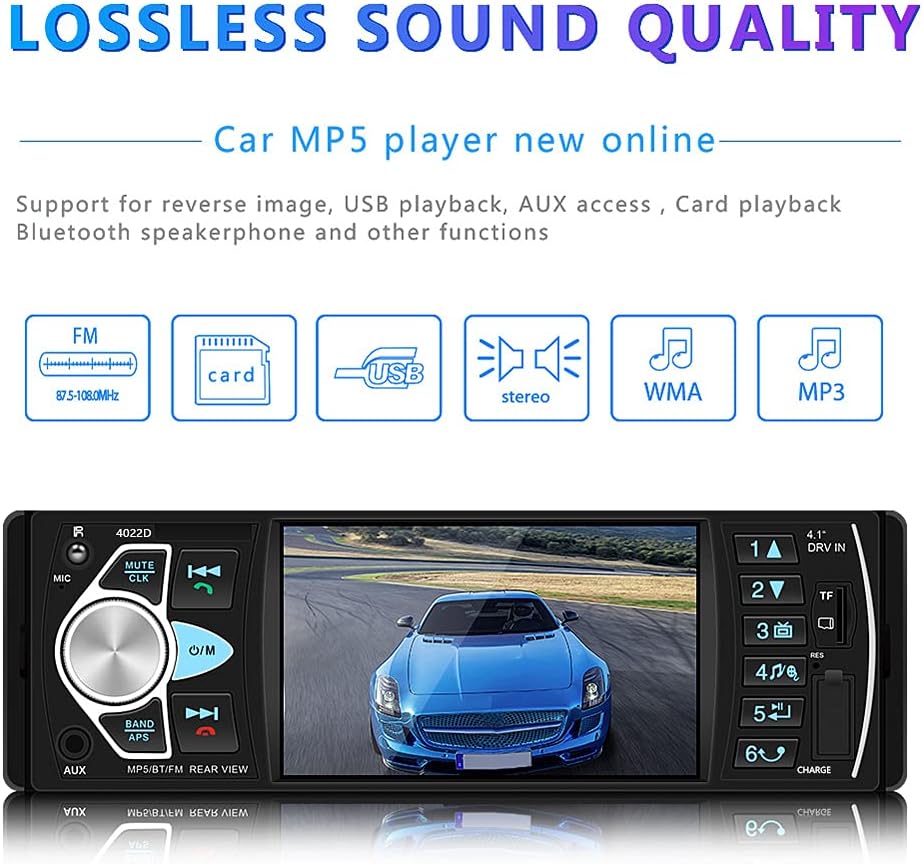 4.1 '' HD Screen Single Din Car Stereo with Bluetooth FM Radio Receiver D9653