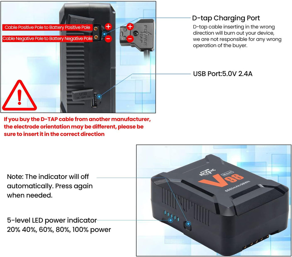 Mini V Mount Battery 98Wh 15A Draw with D-tap to DC Power Cable Z878