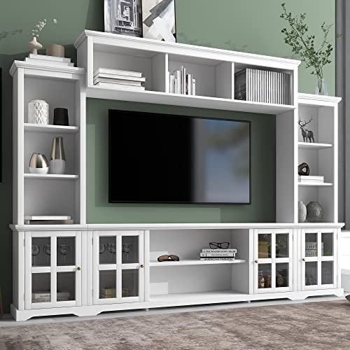 White 104" Wide Entertainment Wall Unit with Storage Cabinets and Shelves T954