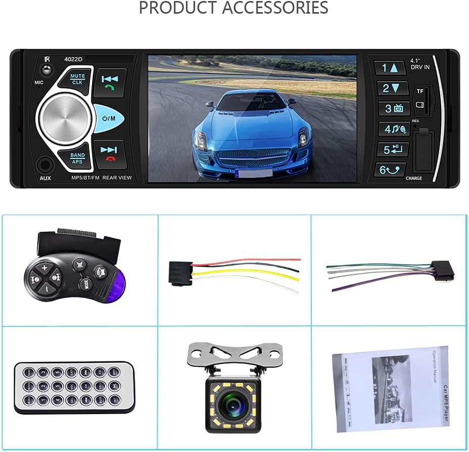 4.1 '' HD Screen Single Din Car Stereo with Bluetooth FM Radio Receiver D9653