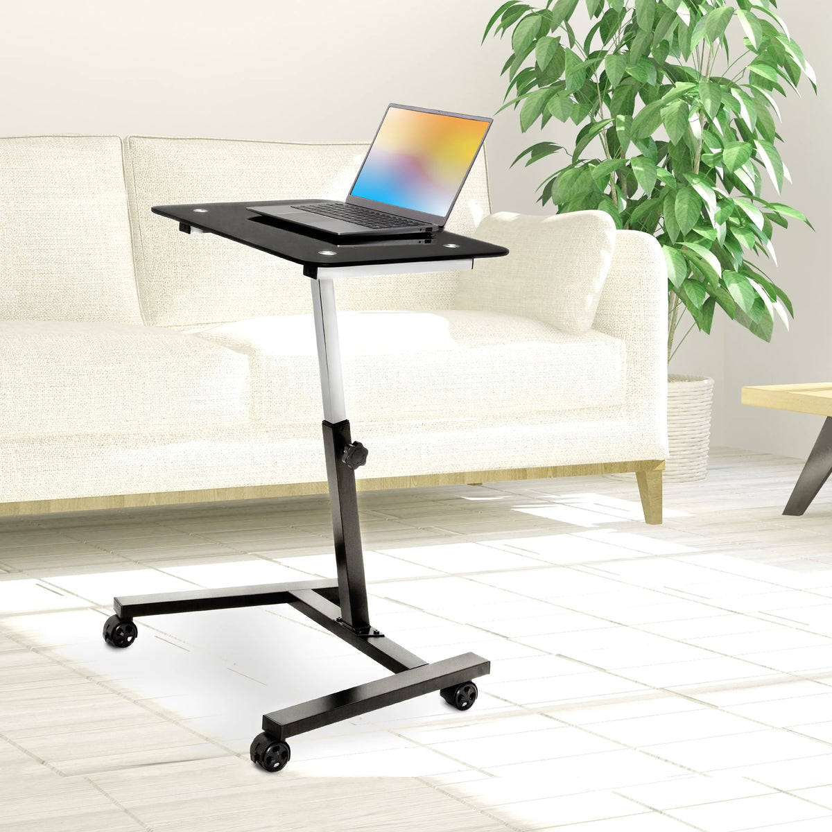 Black Tempered Glass Height Adjustable Mobile Laptop Desk Cart C490323