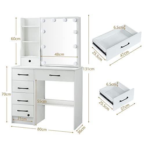 White Vanity Desk with Makeup Mirror and 10 Lights, 3 Color Mode Dimmable Sliding Lighted Mirror, 6 Large Drawers and 3 Level Storage Shelves, Upholstered Stool E622