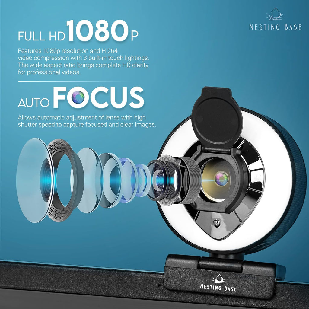 Webcam with Ring Light, Microphone, Privacy Cover, 1080p Auto Focus K64812